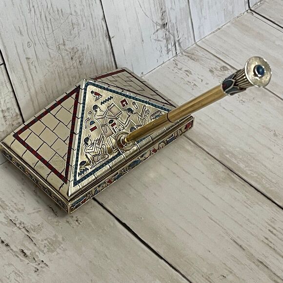 Golden Egyptian Pen Set Limited Edition Hand Painted Pyramid Shaped Office Decor - Picture 4 of 9